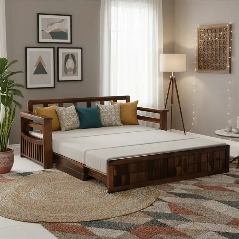 Wooden Sofa Cum Bed Pull Out Storage